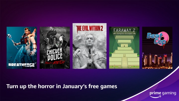 Les 6 visuels des jeux vidéo offerts en janvier 2023 sur Prime Gaming, sur un fond violet.