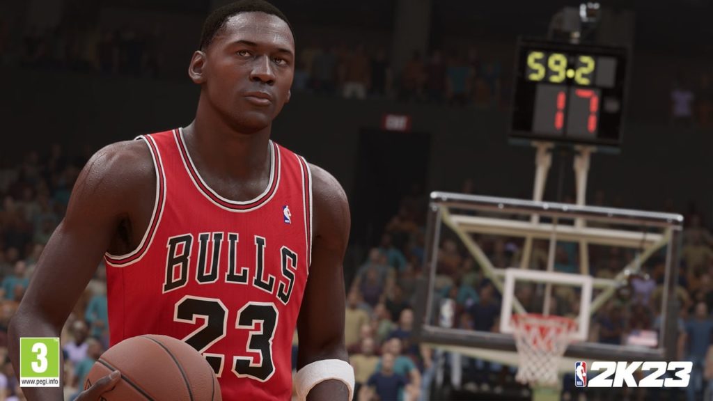 Image du gameplay du jeu vidéo NBA 2K23, Michael Jordan est sur le terrain et tient un ballon de basket dans sa main.