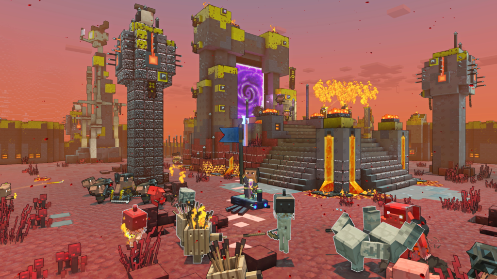 Gameplay du jeu vidéo Minecraft Legends, on voit des constructions de blocs et des personnages du jeu.