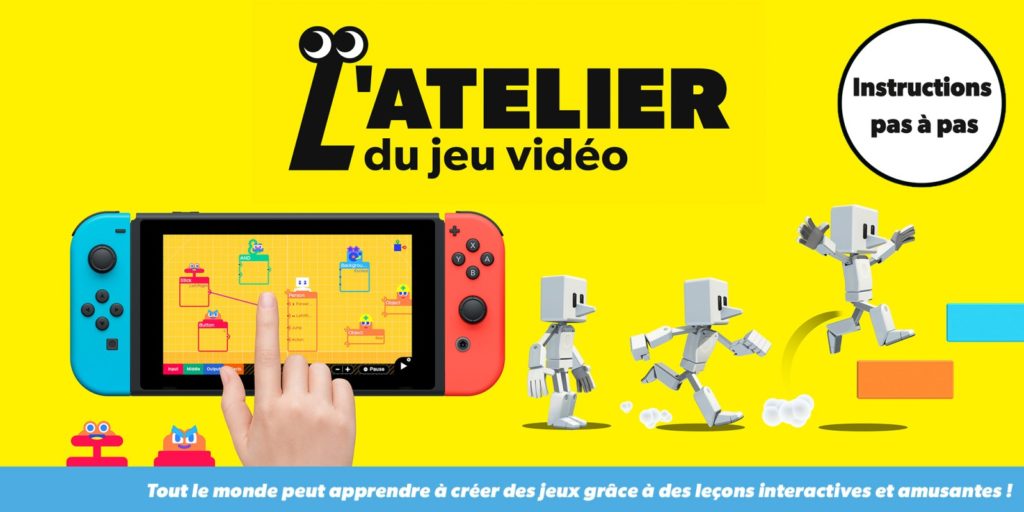 Une console Nintendo Switch sur la gauche, des petits personnages gravissent des marches sur la droite de l'image. Le fond est jaune est très coloré.