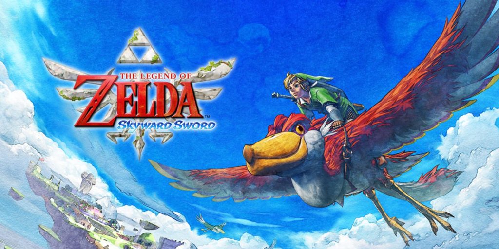Link, le héros de la licence The Legend of Zelda, est en train de voler sur un animal ressemblant à un grand oiseau. L'image est claire et colorée.