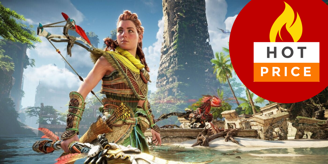 Aloy, l'héroïne guerrière du jeu Horizon Forbidden West, armée d'un arc se tient devant un paysage de ruines bordées par de l'eau.