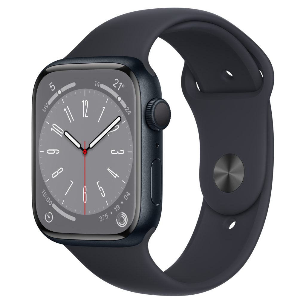 Gros plan sur l'Apple Watch Series 8, sur un fond blanc.