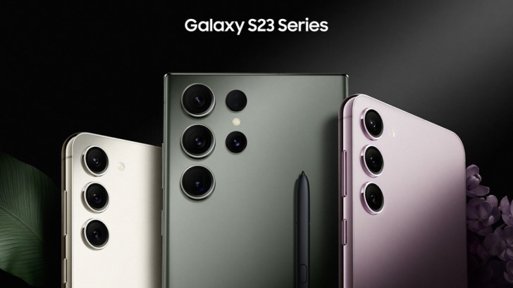 Les trois nouveaux modèles de smartphones de la famille Galaxy S23 sur un fond noir.