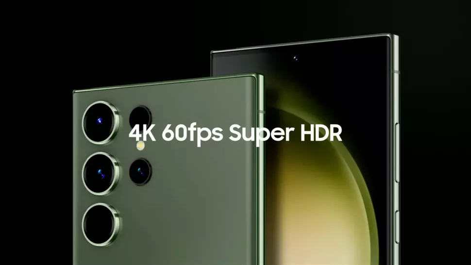 Visuel présentant les capacités de vidéo en 4K HDR 60 FPS du Samsung Galaxy S23 Ultra.
