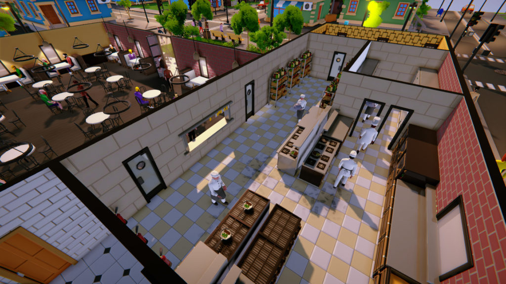 Gameplay du jeu Recipe for Disaster : on voit l'intérieur d'un restaurant vu d'en haut.
