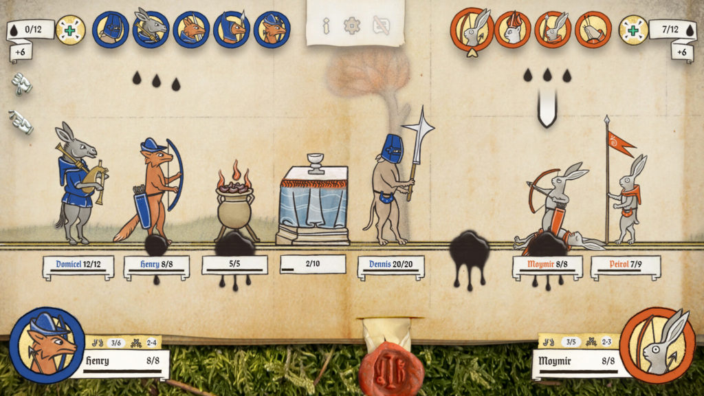 Des animaux et des personnages sont dessinés sur un parchemin et s'affrontent en duel.