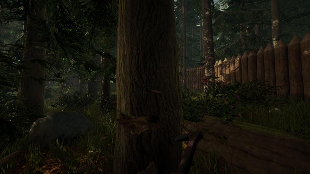 Gameplay Sons of the Forest, couper un arbre à la hache.