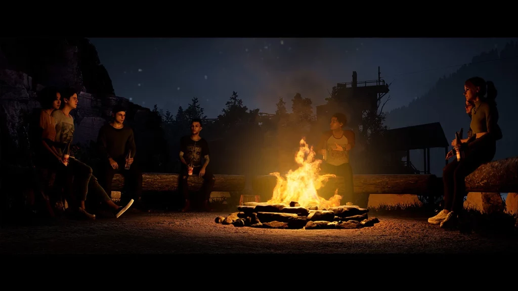 Image du jeu vidéo The Quarry, des jeunes gens se trouvent autour d'un feu de camps.