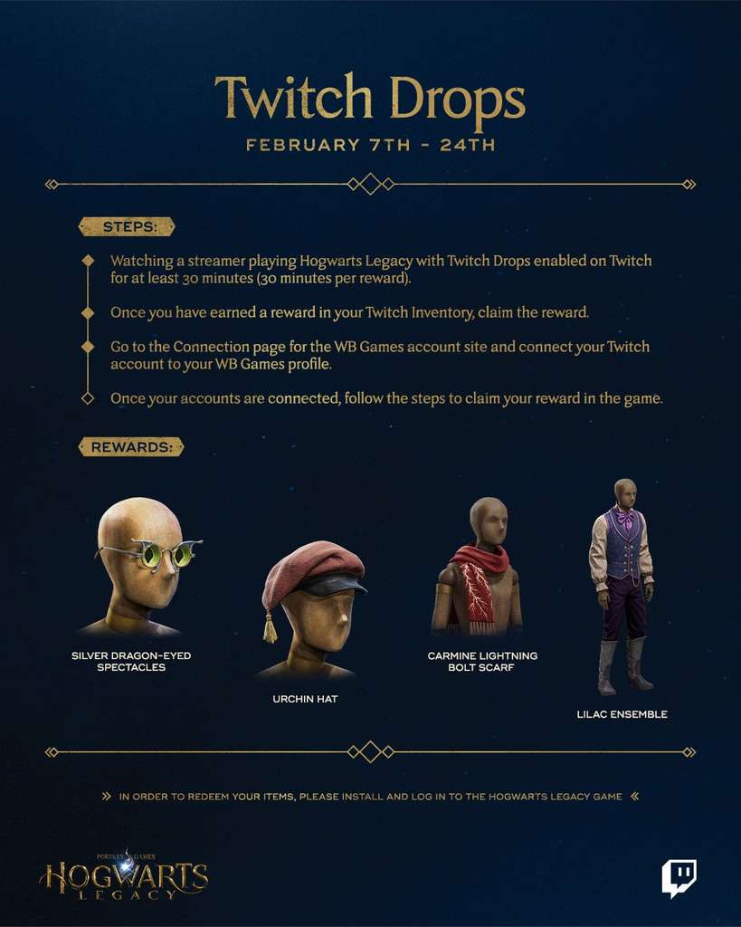 Visuel officiel expliquant comme récupérer des objets exclusifs pour le jeu vidéo Hogwarts Legacy sur Twitch.