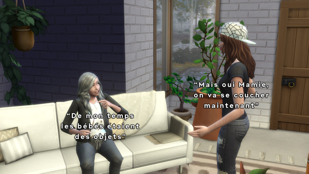 Image du jeu vidéo Les Sims 4: Grandir Ensemble. Deux Sims sont présentes, des dialogues humoristiques ont été ajoutés.