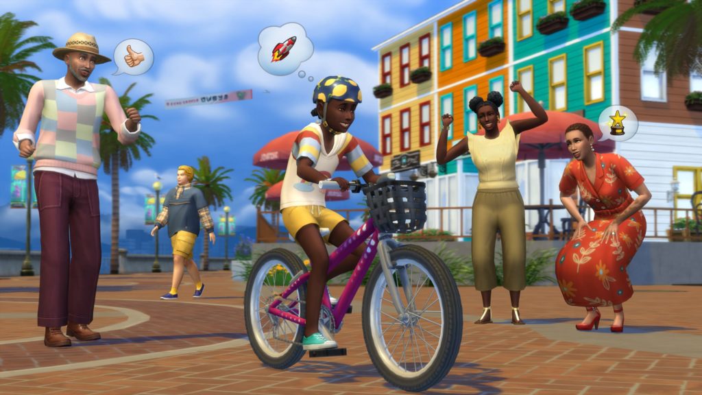 Gameplay du jeu vidéo Les Sims 4: Grandir Ensemble. Un enfant fait du vélo.