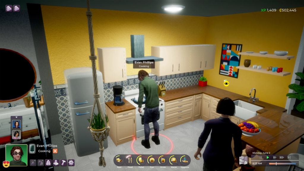 Gameplay du jeu vidéo Life by You. Un personnage est en train de faire à manger dans sa cuisine.