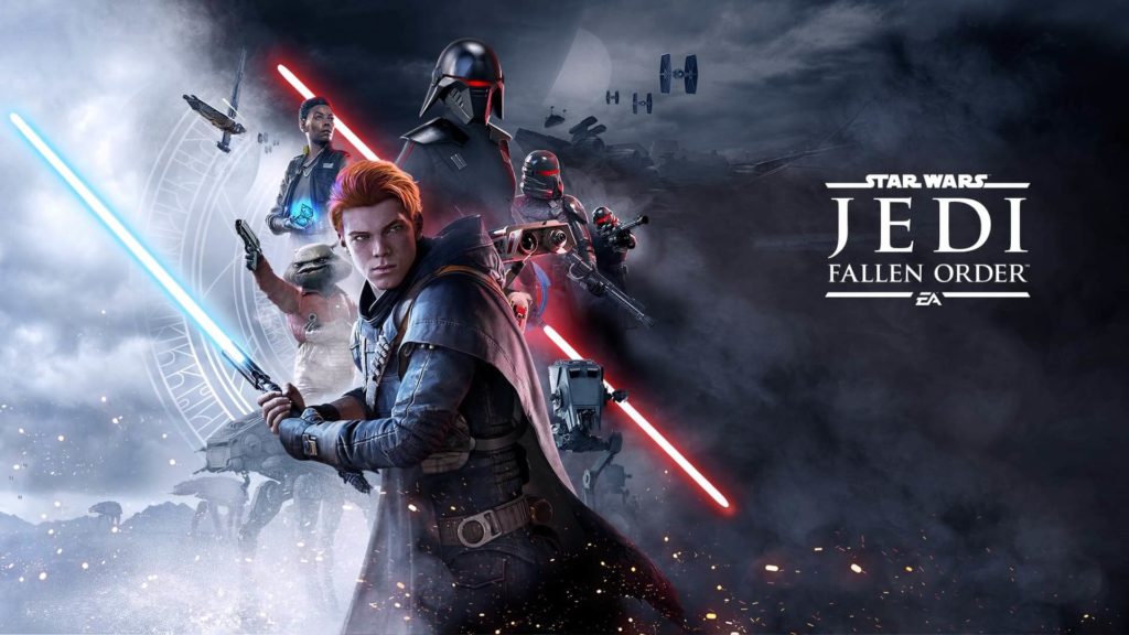 Visuel du jeu vidéo Star Wars Jedi: Fallen Order. Cal Kestis tient un sabre laser dans sa main droite et de nombreux personnages de la saga Star Wars sont derrière lui.