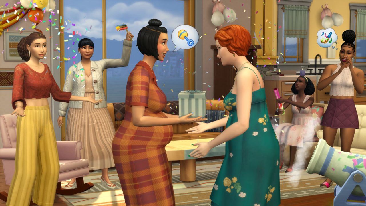 Gameplay Les Sims 4: Grandir Ensemble. Plusieurs Sims participent à une baby-shower.