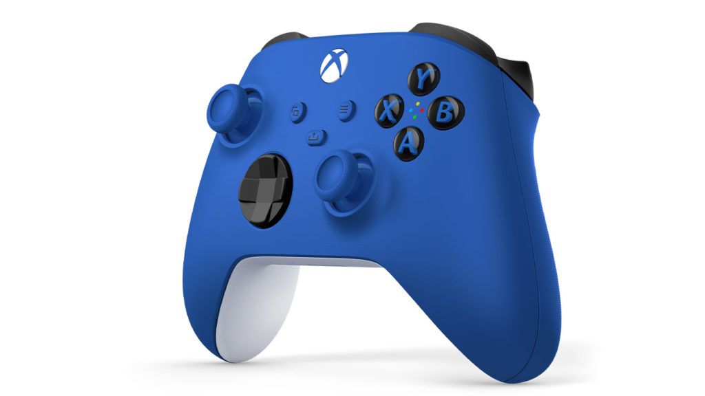 Manette sans fil Xbox, coloris bleu, sur un fond blanc.