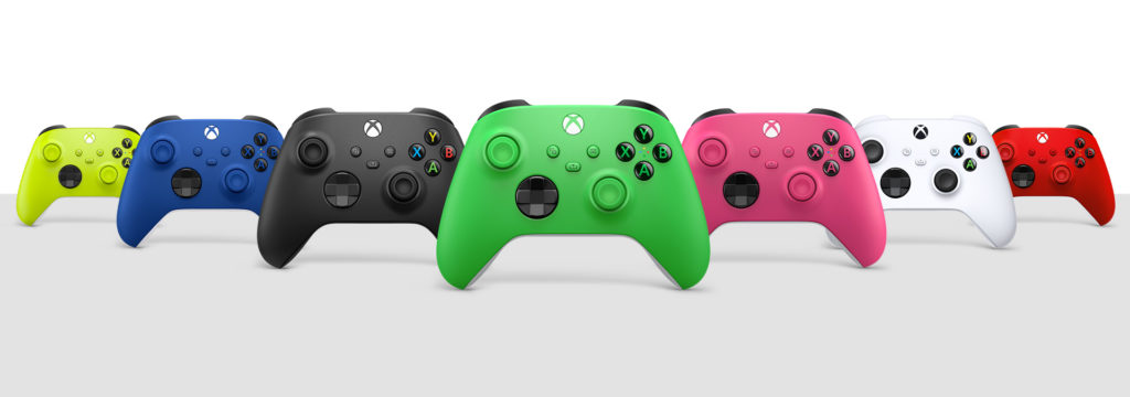 Image présentant tous les coloris de la manette Xbox sans fil, à savoir : jaune, bleu, noir, vert, rose,  blanc et rouge.